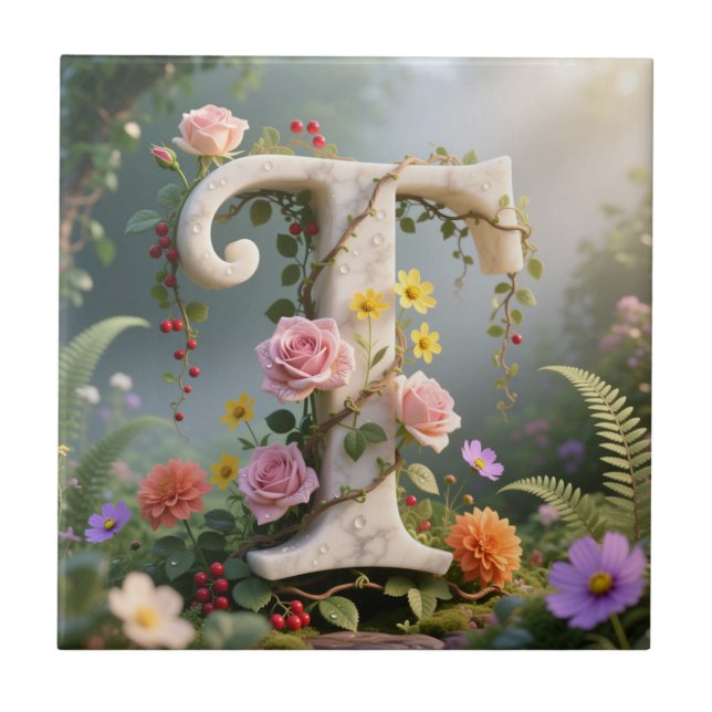 Vit blomstermarmor Monogram Bokstav T Kakelplatta (Framsidan)