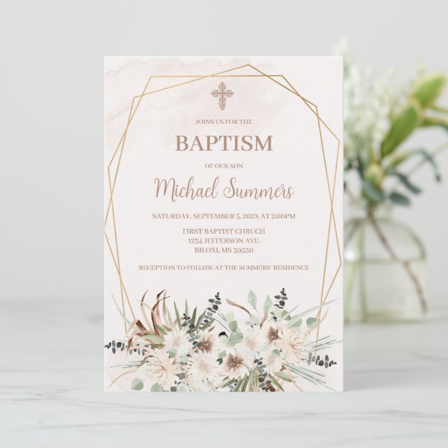 Vit blomsterrik boho dop inbjudan (Stående Fram)