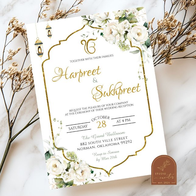Vit blomsterrik Roka hinduisk vigselceremoni Inbjudningar (Skapare uppladdad)