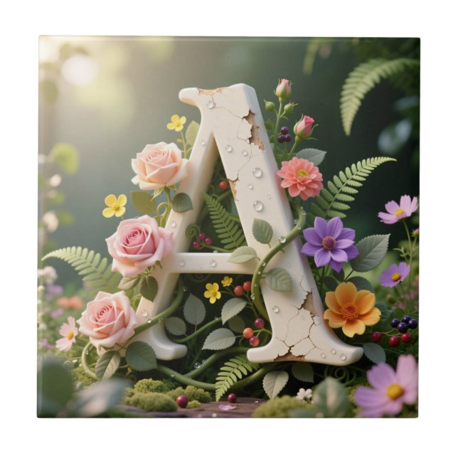 Vit blomsterträdgård Monogram Bokstav A Kakelplatta (Framsidan)