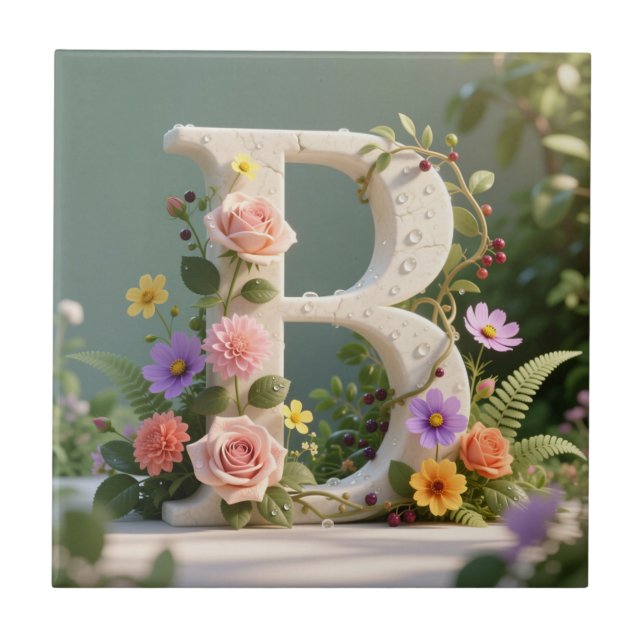 Vit blomsterträdgård Monogram Bokstav B Kakelplatta (Framsidan)