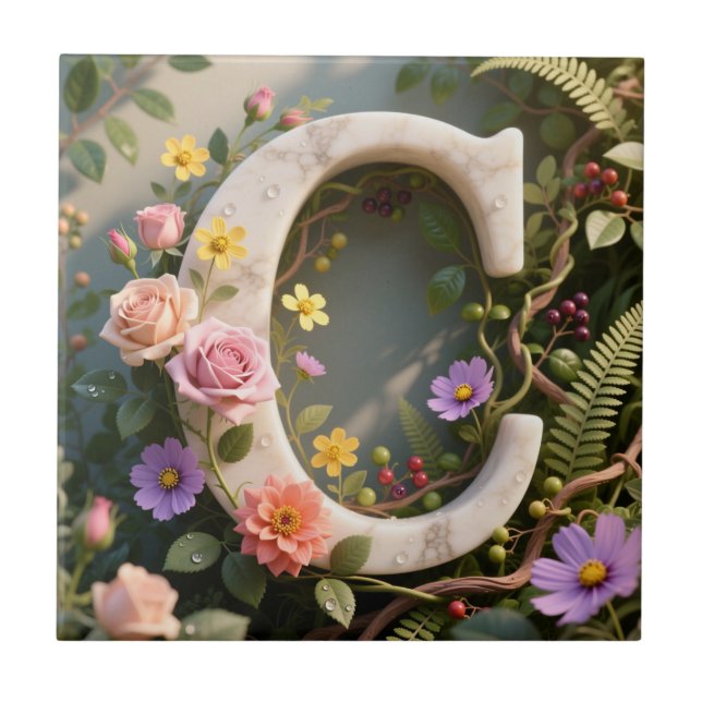 Vit blomsterträdgård Monogram Bokstav C Kakelplatta (Framsidan)