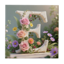 Vit blomsterträdgård Monogram Bokstav E Kakelplatta