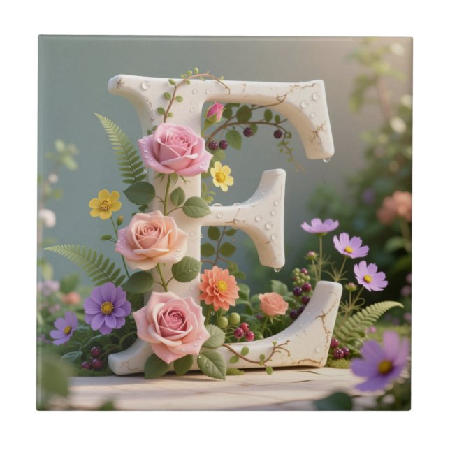 Vit blomsterträdgård Monogram Bokstav E Kakelplatta (Framsidan)