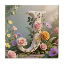 Vit blomsterträdgård Monogram Bokstav J Kakelplatta