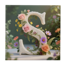 Vit blomsterträdgård Monogram Bokstav S Kakelplatta