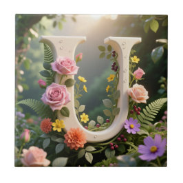 Vit blomsterträdgård Monogram Bokstav U Kakelplatta
