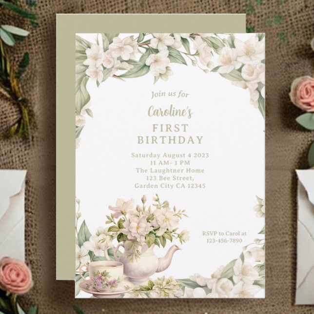 Vit Blomsterträdgård Tea Party vid födelsedag Inbjudningar (Skapare uppladdad)