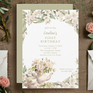 Vit Blomsterträdgård Tea Party vid födelsedag Inbjudningar