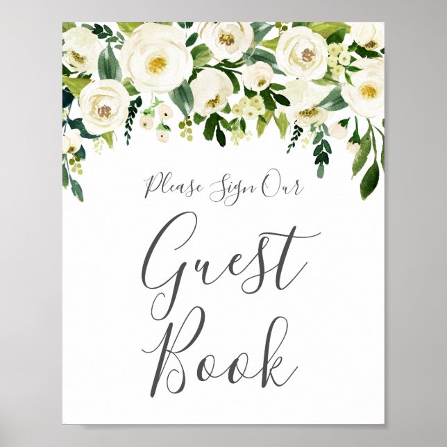 Vit blomstrande Greenery Bröllop Guest Bok-tecken Poster (Framsidan)