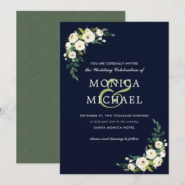 Vit Bloom | Blått Blommigt Botaniskt hörn Bröllop Inbjudningar (Fram/baksida)