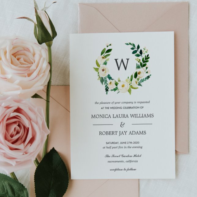 Vit Bloom | Blommigt Monogram Bröllop Inbjudningar (Skapare uppladdad)