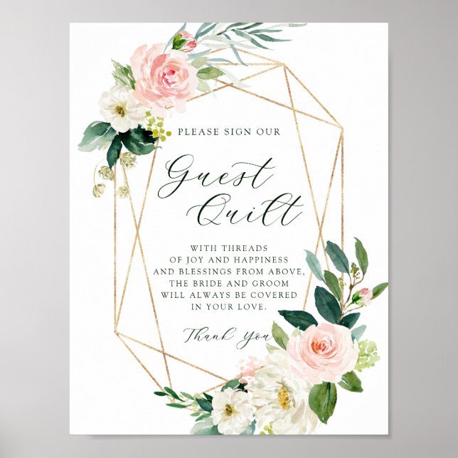  vit Bloom Guld Geometric ram gästväng Quilt Poster (Framsidan)