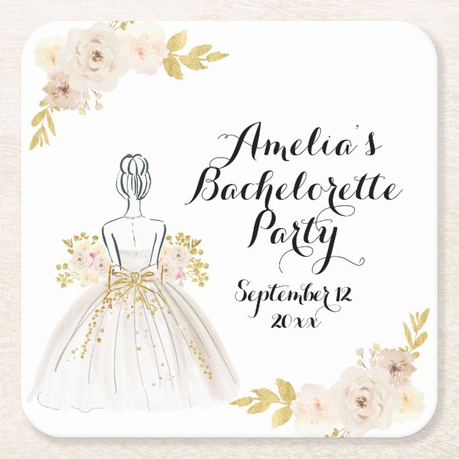 Vit Blush Guld Glitter Klänning Möhippa Fest Underlägg Papper Kvadrat (Framsidan)