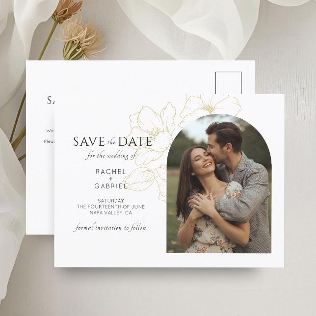 Vit | Boho Arch Guld Blommigt Bröllop Vykort (Skapare uppladdad)