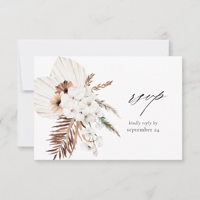 Vit Boho & Beige Blommig med måltids-RSVP-kort OSA Kort (Framsida)