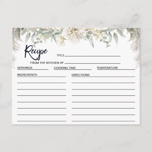 Vit Boho Blommig Bröllopsfest Receptkort Vykort (Framsida)