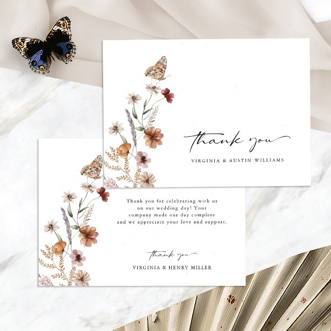 Vit Boho Bröllop Tacksamhetskort Tack Kort (White Boho Floral Wedding Thank You Card with Butterfly by Painted Paperie
)