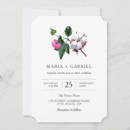 Vit bomullsblomma. Rustic botaniska Bröllop Inbjudningar