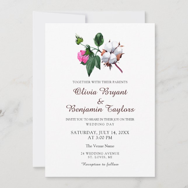 Vit bomullsblomma. Rustic chic Nature Bröllop Inbjudningar (Framsida)