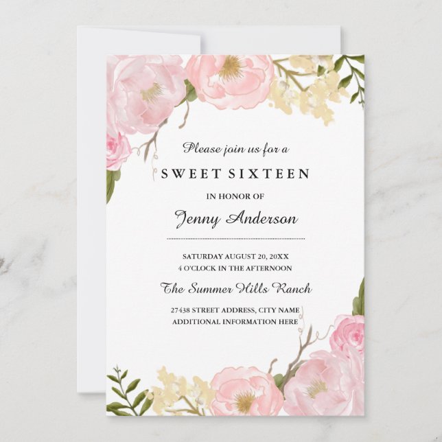  vit botanisk Blommigt Sweet sixteen Inbjudan (Framsida)