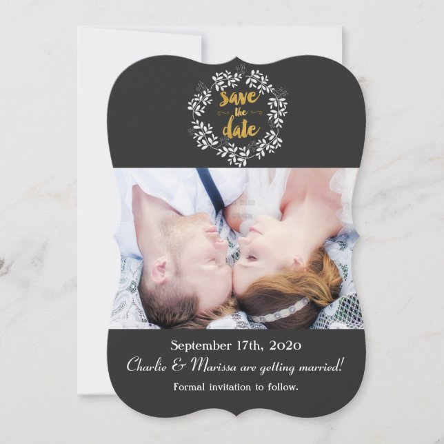 Vit botanisk krans SAVE THE DATE Foto Inbjudningar (Framsida)