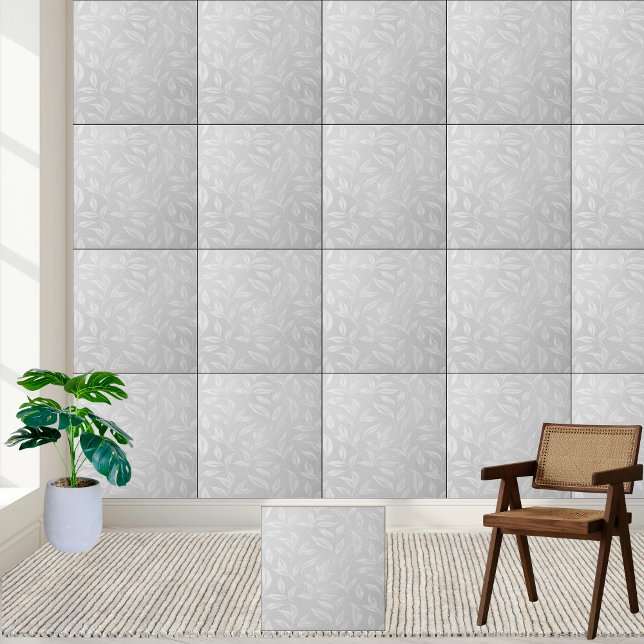 Vit botaniskt frostigt Löv-design Kakelplatta (White Botanical Frosted Leaf Design Ceramic Tile)