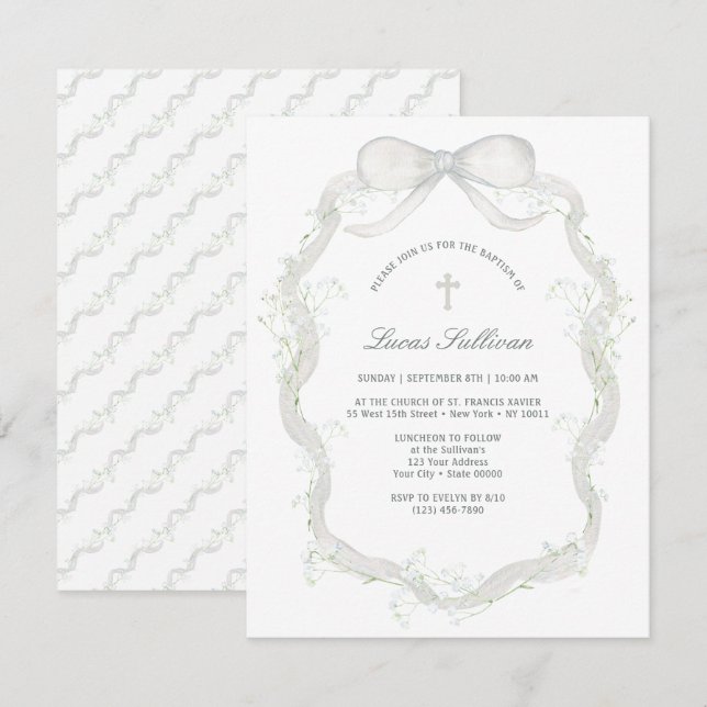 Vit Bow Baby's Bandning Baptism Inbjudningar (Fram/baksida)