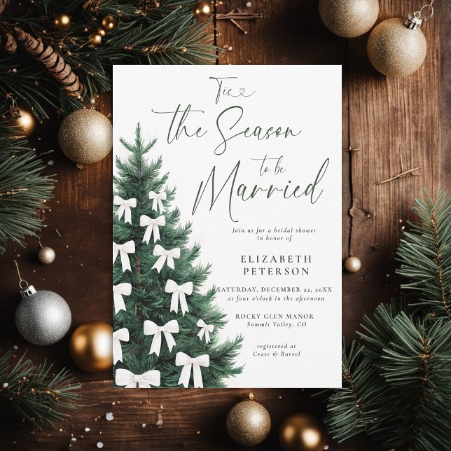 Vit Bow-Möhippa för Winter Julgran Chic Inbjudningar (winter bridal shower invitation christmas pine tree coquette white bows watercolor chic cozy cottage)