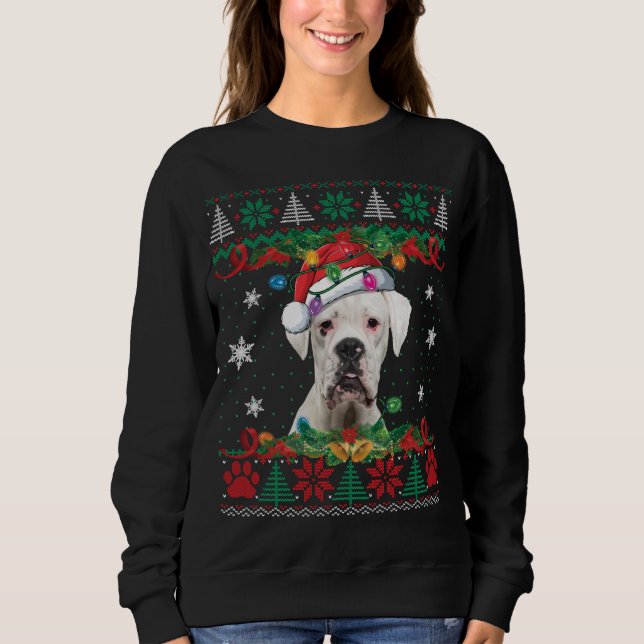 Vit Boxer-jultomten Ugly Sweater Hund älskare T Shirt (Framsida)