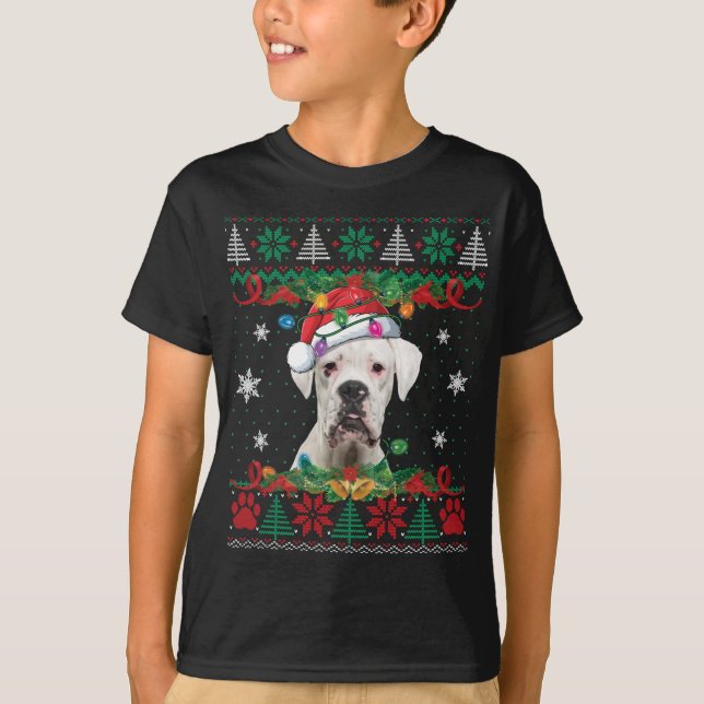 Vit Boxer-jultomten Ugly Sweater Hund älskare T Shirt (Framsida)