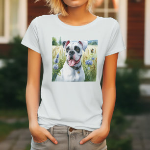 Vit Boxerhund & Blommor T Shirt