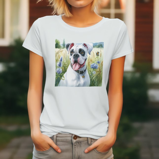 Vit Boxerhund & Blommor T Shirt (Skapare uppladdad)