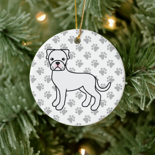 Vit Boxerhund Söt Illustration & Tassar Julgransprydnad Keramik (Träd)