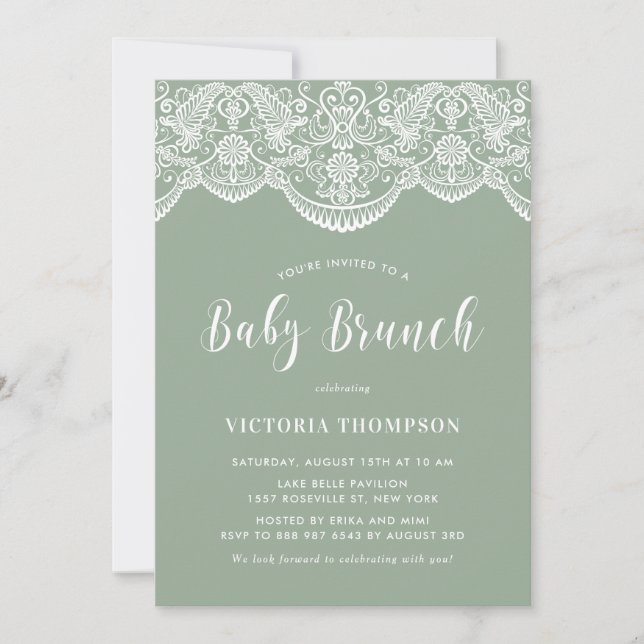 Vit brokadspets Sälggrön Baby Brunch Inbjudningar (Framsida)