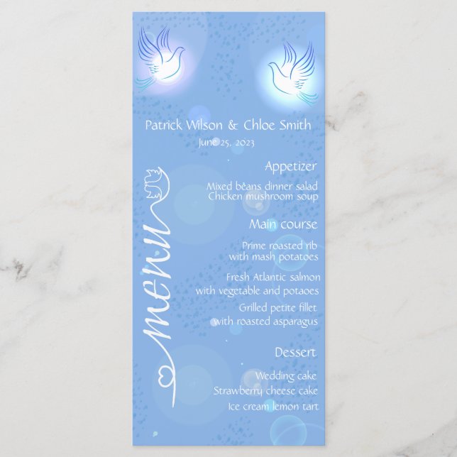 Vit bröllop-duva med belysningsmeny meny (Framsida)