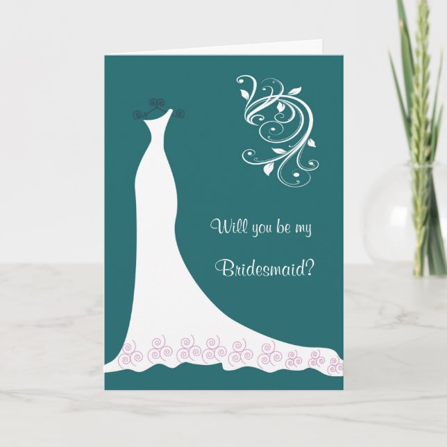 Vit Bröllop-klänning, snurrar på teal Bridesmaid Inbjudan (Framsida)