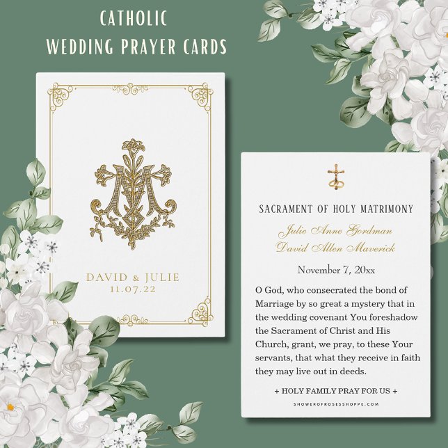 Vit bröllop Marian Cross Helig Kort (Traditional Catholic Wedding Prayer Cards with easy personalization)