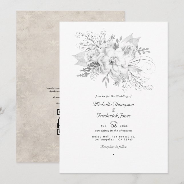 Vit bröllopsblomma QR-kod RSVP Inbjudningar (Fram/baksida)