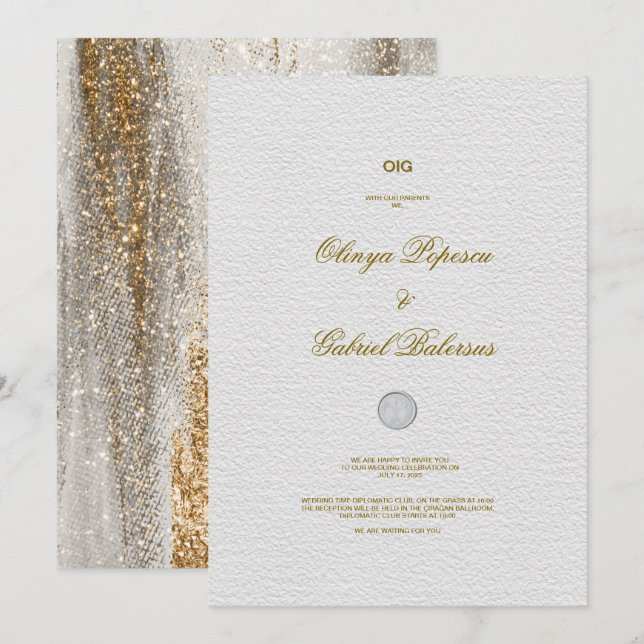 Vit bröllopsinbjudan med Guld-penseldrag Inbjudningar (Fram/baksida)