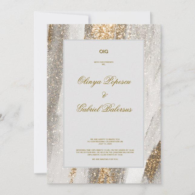 Vit bröllopsinbjudan med Guld-penseldrag Inbjudningar (Framsida)