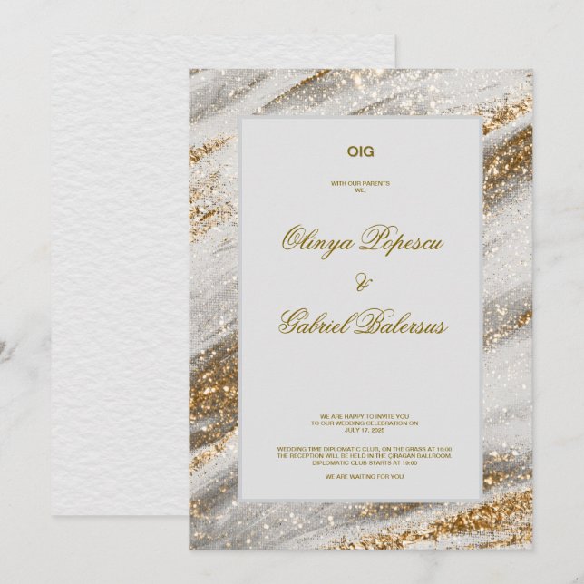 Vit bröllopsinbjudan med Guld-penseldrag Inbjudningar (Fram/baksida)