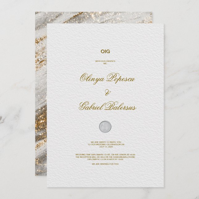 Vit bröllopsinbjudan med Guld-penseldrag Inbjudningar (Fram/baksida)