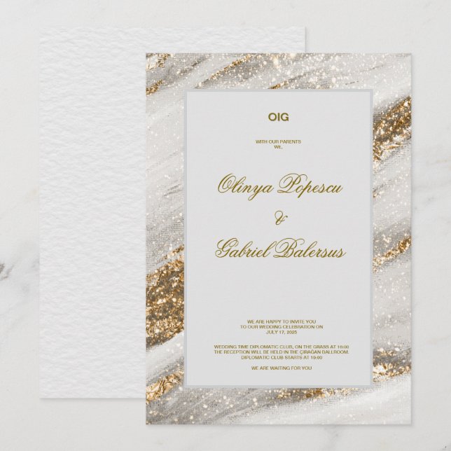 Vit bröllopsinbjudan med Guld-penseldrag Inbjudningar (Fram/baksida)