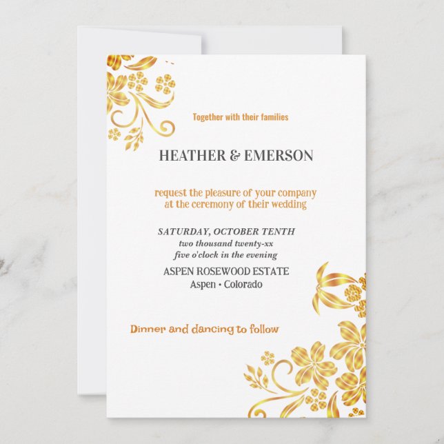 Vit bröllopsinbjudan till Eleganten Golden Blommig Inbjudningar (Framsida)
