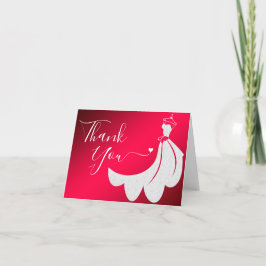 Vit bröllopsklänning i spets på röd underklänning tack kort