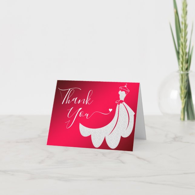 Vit bröllopsklänning i spets på röd underklänning  tack kort (Framsida)