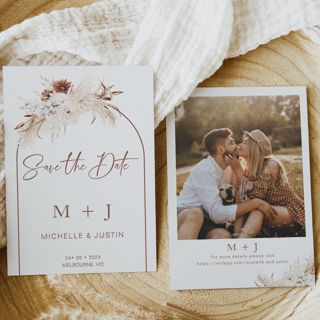 Vit brun Boho Blommigt Arch sparar datumkortet Inbjudningar (Skapare uppladdad)