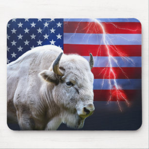 Vit buffalo med amerikansk Flagga och blixt Musmatta