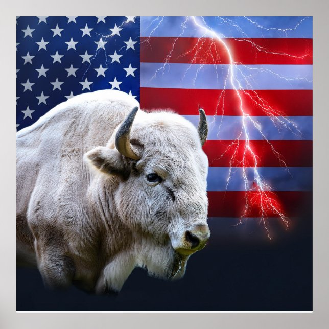 Vit buffalo med amerikansk Flagga och blixt Poster (Framsidan)